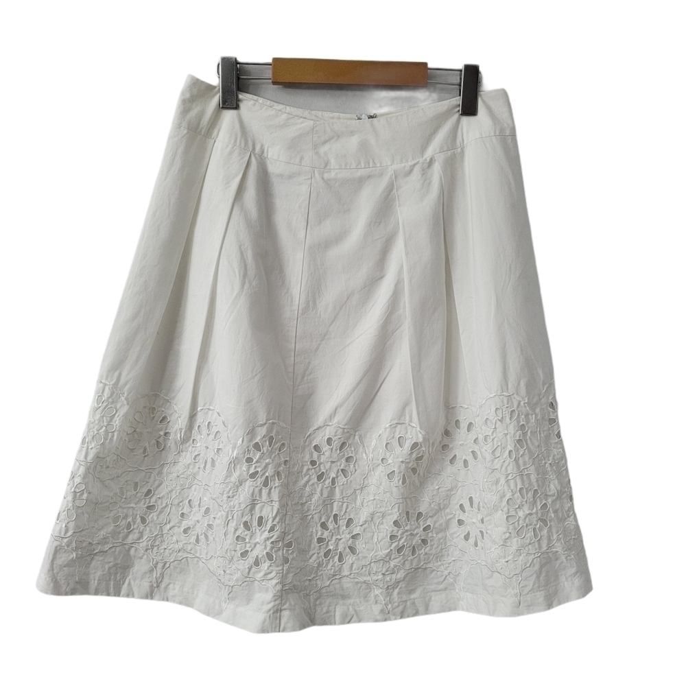 𝅺WHITE Eyelet Cotton Embroidered Boho Hippy Skirt Size 10 A Line Midi